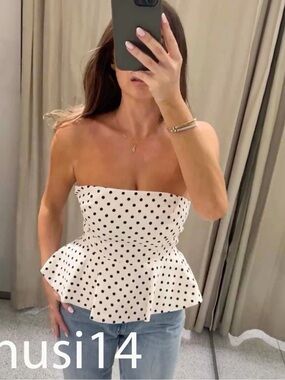 Nwt Zara Polka Dot Strapless Peplum Top size Xs